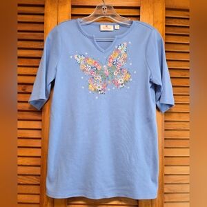 Quacker Factory Blue Knit Top Embroidered Floral Butterfly 3/4 Sleeves Womens XS